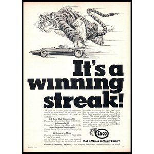 1968 Enco Oil Winning Streak Tiger Racing Vintage Print Ad Exxon Esso Wall Art